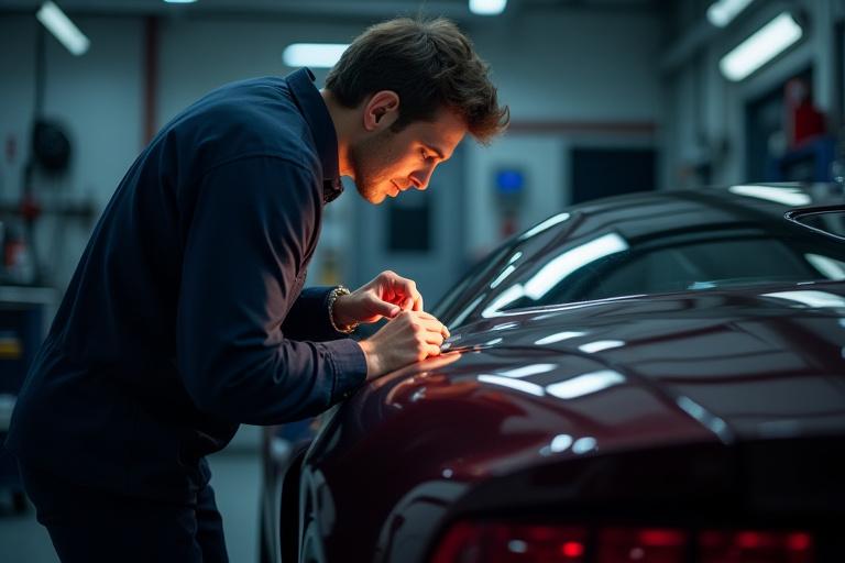 GlimmerForge Mitarbeiter prüft Lackqualität unter Speziallicht